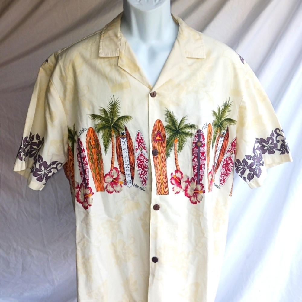 Royal Creations Hawaiian Shirt Size XL Surf Boards Aloha Yellow Floral Fire Tz